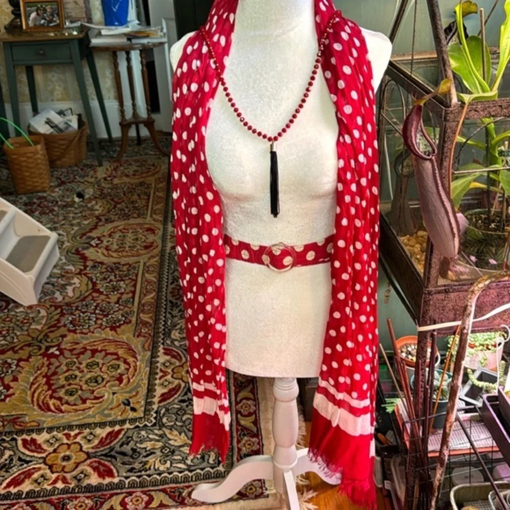 ♥️ Talbots Vintage Red & white polkadot, scarf, and belt and tassel necklace ♥️